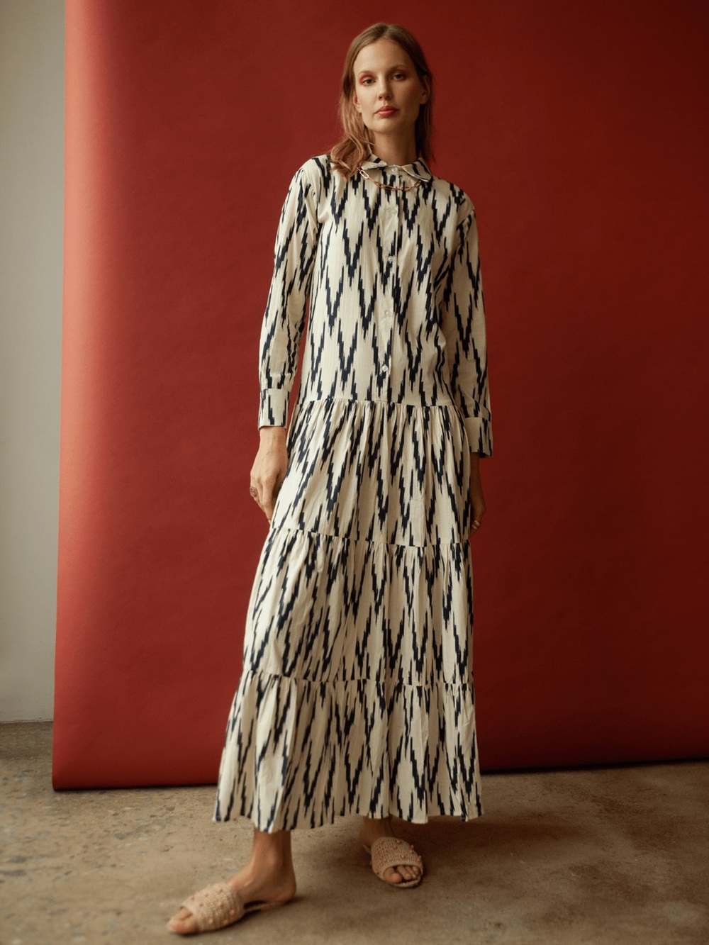 GUADALUPE Meredith Ikat Shirt-Collar Tiered Maxi Dress in Blue Ikat - Picture 4 of 9